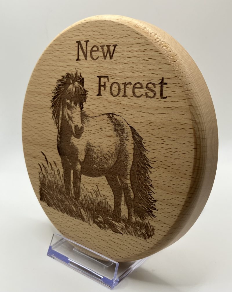 Pony in the New Forest laser engraved onto round Beech, Wall Hanging