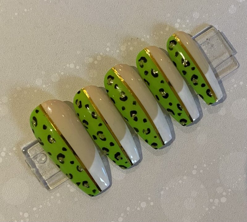 Hand Painted Press On Nails - Green Leopard Glam