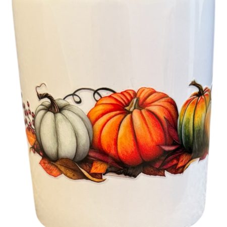 Pumpkin Trio Ceramic Mug – Cozy Autumn Drinkware with Fall Leaves Design