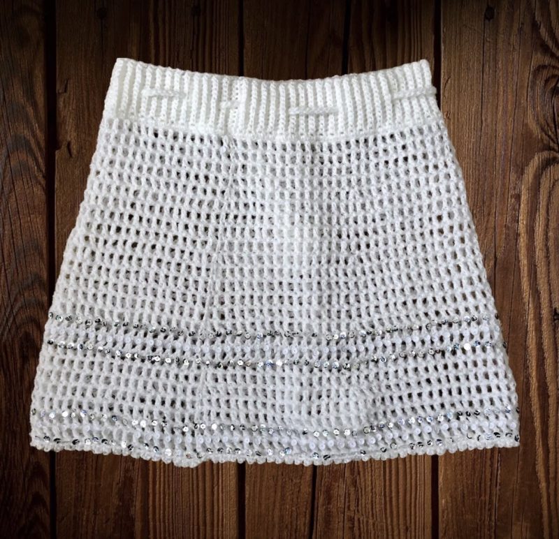 Mini Skirt - Off White With Sequins . Handmade Crochet Skirt. U.K. Size Small (S).