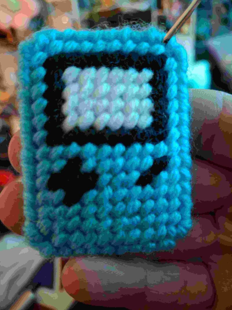 Gameboy keyring plastic canvas stitched with yarn