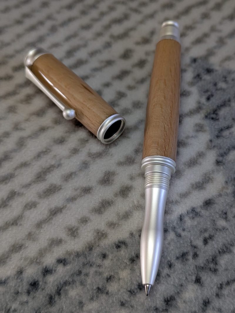 Omega style wooden rollerball made from beech with satin silver fittings