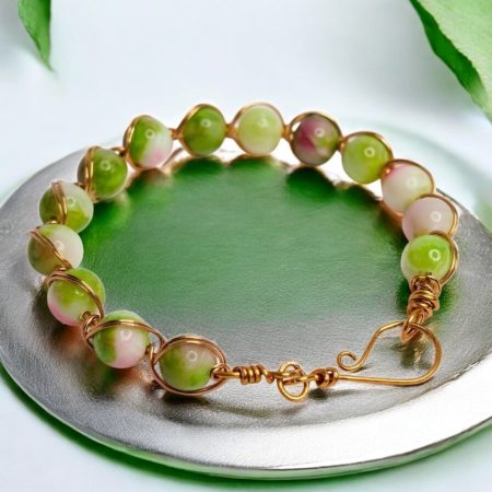 Copper Wire Wrapped Bangle, Jade Beads