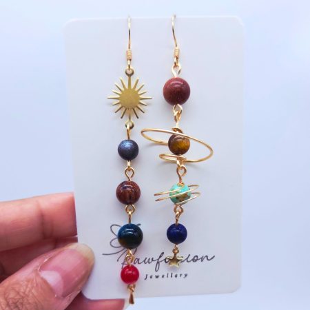 Celestial Planet Solar System Earrings, Sun Moon & Stars Earrings, Gold Wire Wrapped Space Jewellery