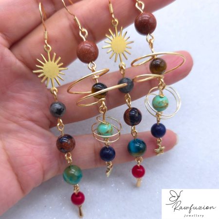 Celestial Planet Solar System Earrings, Sun Moon & Stars Earrings, Gold Wire Wrapped Space Jewellery
