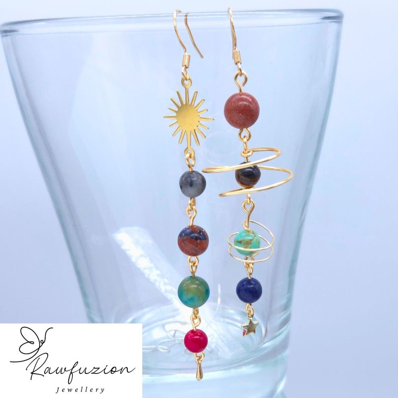 Celestial Planet Solar System Earrings, Sun Moon & Stars Earrings, Gold Wire Wrapped Space Jewellery