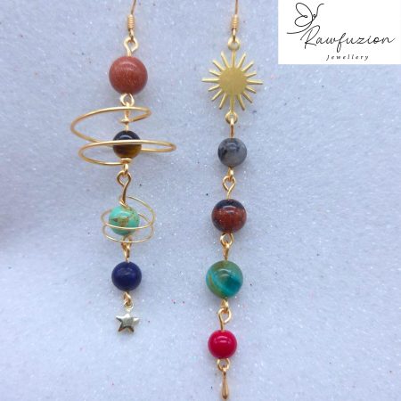 Celestial Planet Solar System Earrings, Sun Moon & Stars Earrings, Gold Wire Wrapped Space Jewellery