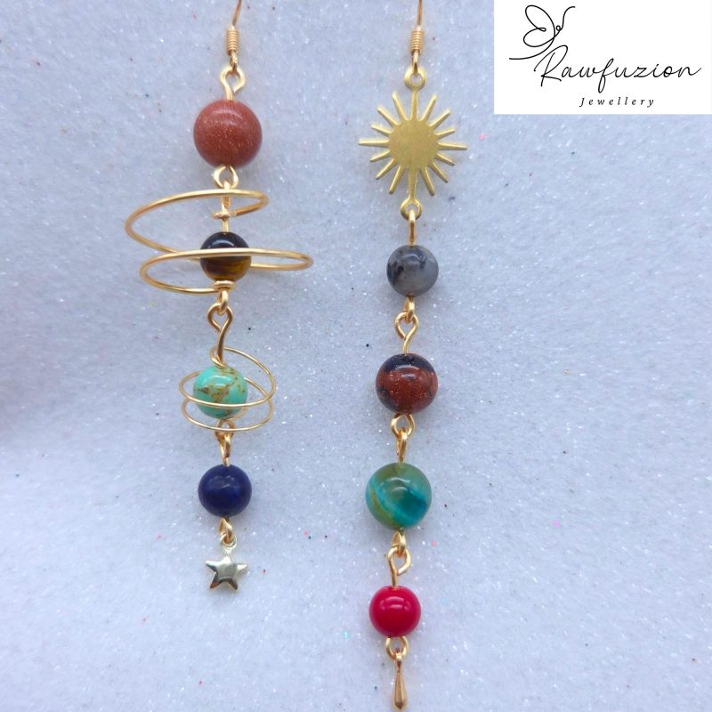 Celestial Planet Solar System Earrings, Sun Moon & Stars Earrings, Gold Wire Wrapped Space Jewellery