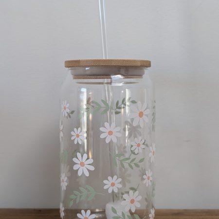 Daisies Glass Tumbler with Bamboo Lid