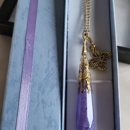 Shimmery glitter purple resin pendant necklace
