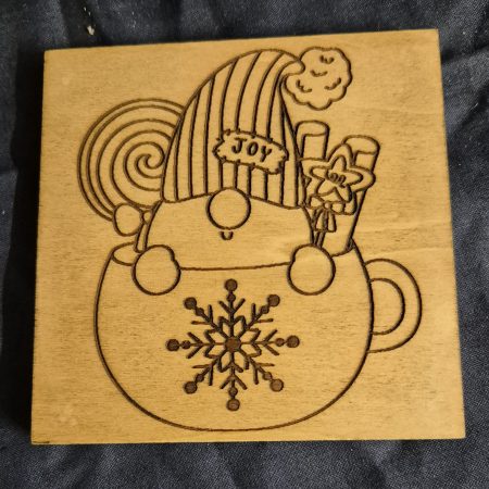 laser engraved wooden gnome coaster