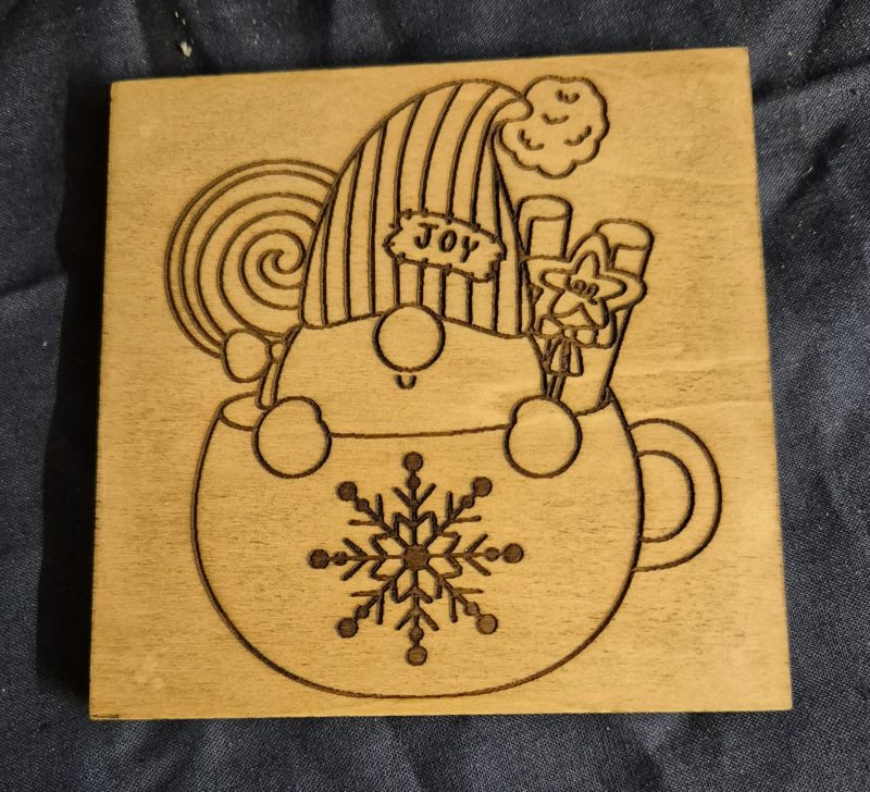 laser engraved wooden gnome coaster
