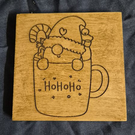 laser engraved wooden gnome coaster