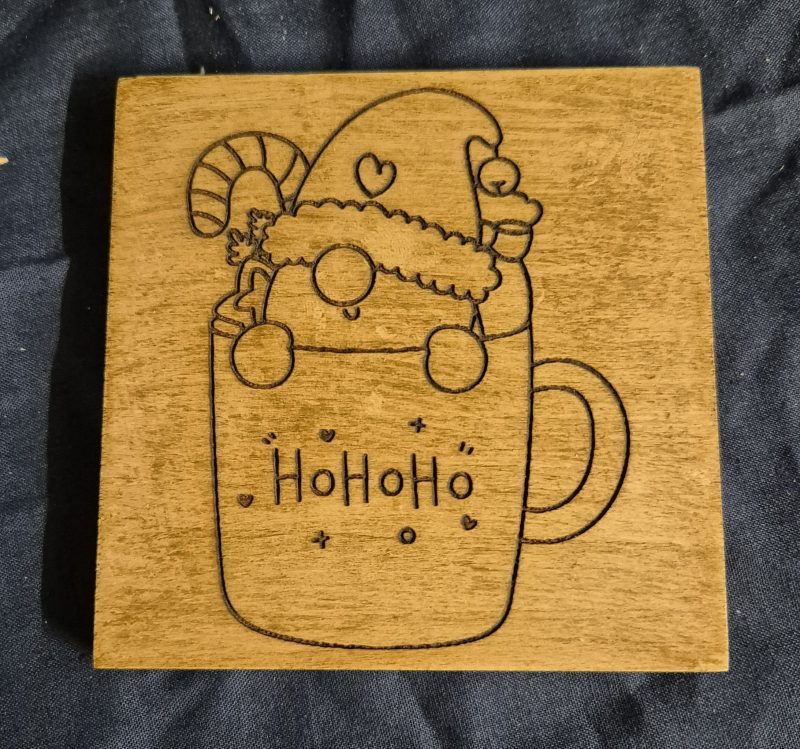 laser engraved wooden gnome coaster