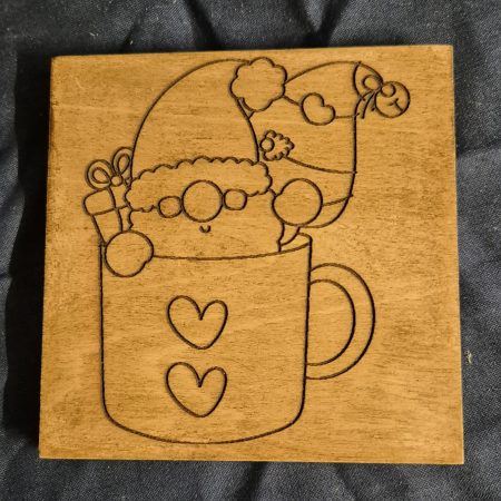laser engraved wooden gnome coaster