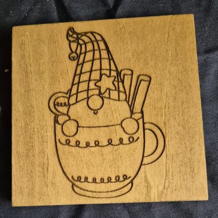 laser engraved wooden gnome coaster