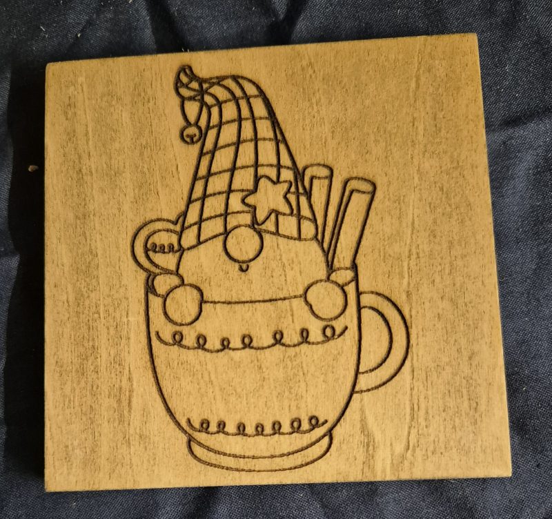 laser engraved wooden gnome coaster