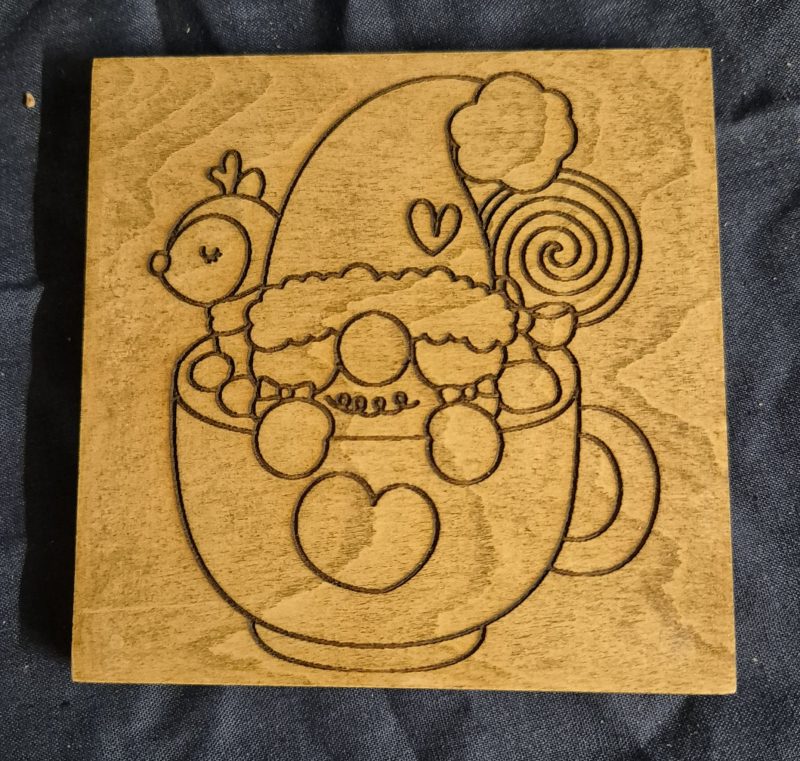 laser engraved wooden gnome coaster