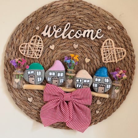 Rustic "Welcome" Floral Wall Hanging with Painted Pebble – Handmade Home Décor