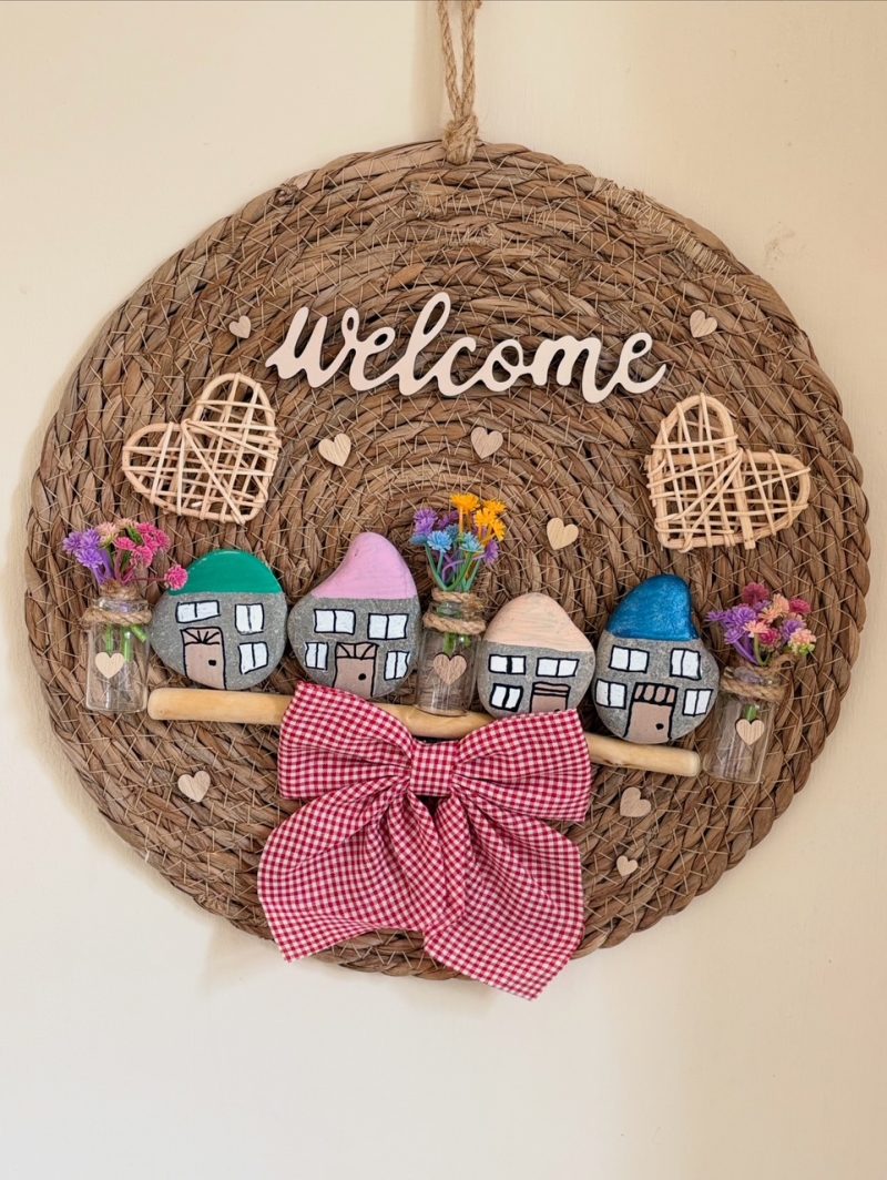 Rustic "Welcome" Floral Wall Hanging with Painted Pebble – Handmade Home Décor