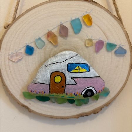 Handcrafted Wooden Wall Hanging – Pebble Art Caravan with Glass Garland Accents