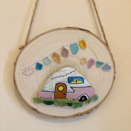 Handcrafted Wooden Wall Hanging – Pebble Art Caravan with Glass Garland Accents