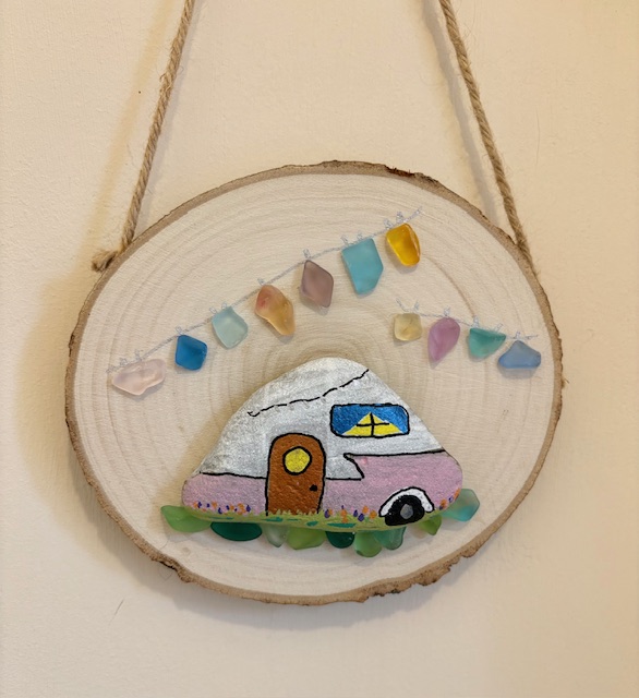Handcrafted Wooden Wall Hanging – Pebble Art Caravan with Glass Garland Accents