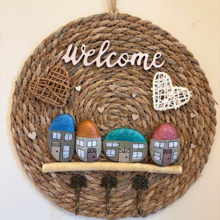 Handcrafted Wicker Wall Hanging – Pebble Art Village with Embellishments & Key Hooks