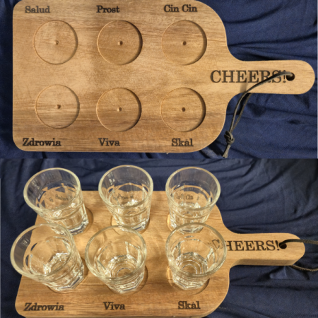 "Cheers" wooden shot glass paddle.