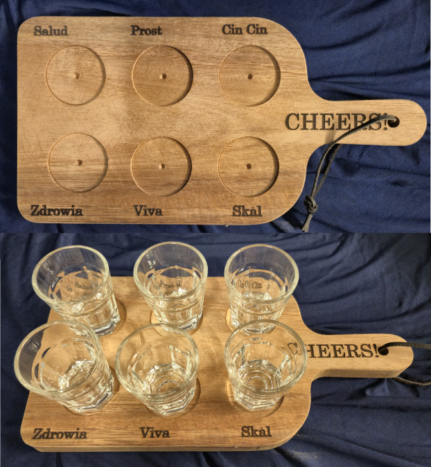 "Cheers" wooden shot glass paddle.