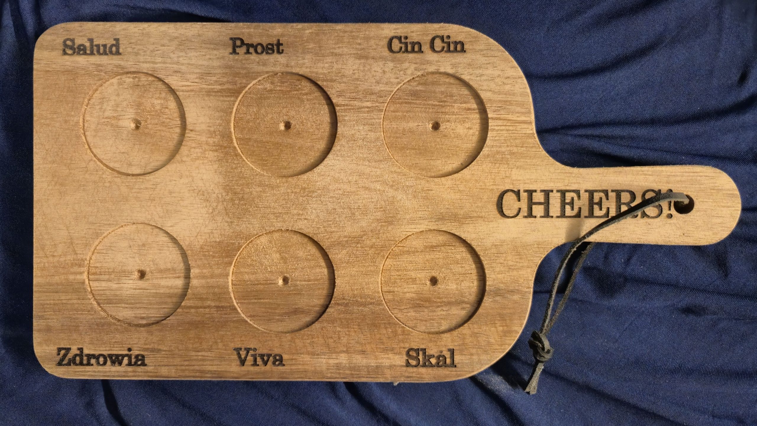 "Cheers" wooden shot glass paddle.