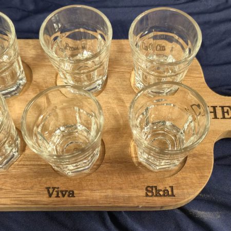 "Cheers" wooden shot glass paddle.