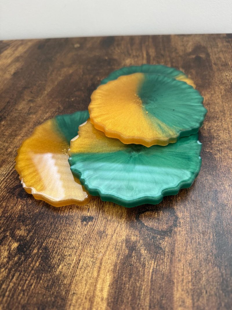 Green and gold set of 4 coasters, geode style