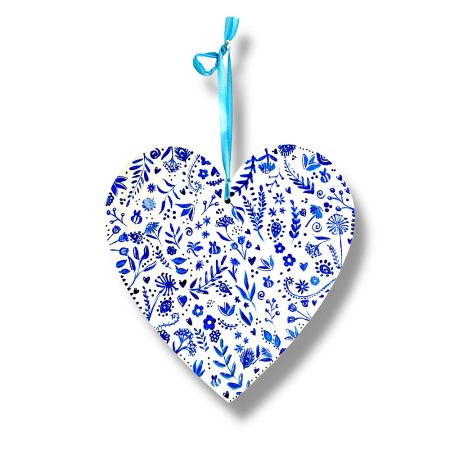 Wooden hanging heart - blue and white
