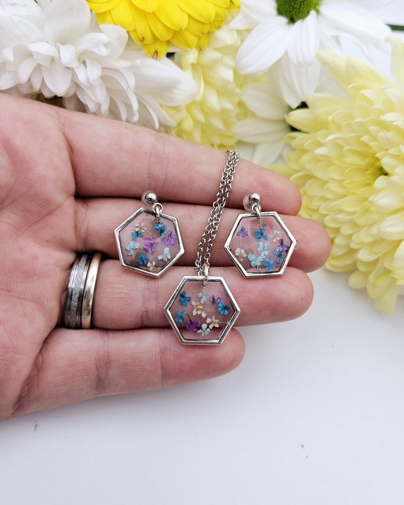 Hexagon Wildflower Earring and Necklace Set