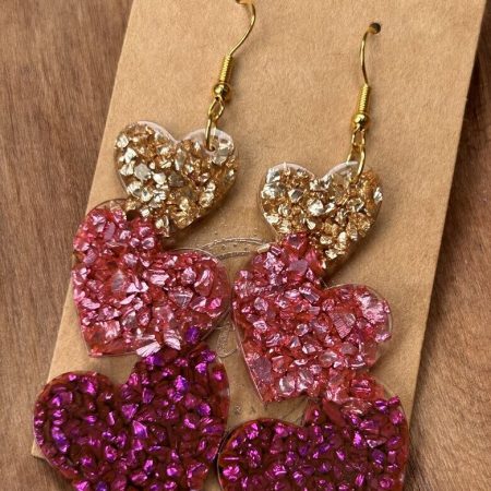 Three hearts resin earrings with broken glass