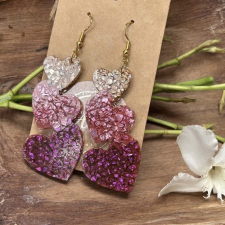 Three hearts resin earrings with broken glass