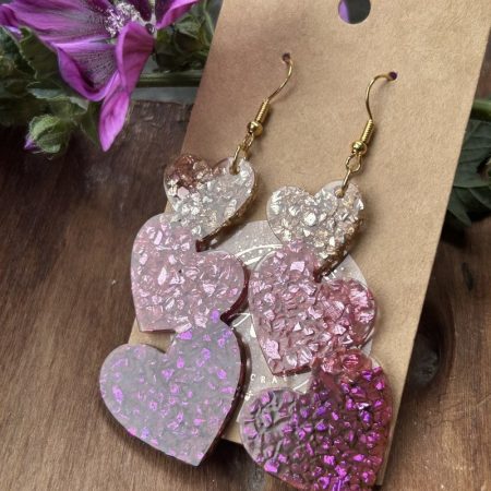 Three hearts resin earrings with broken glass