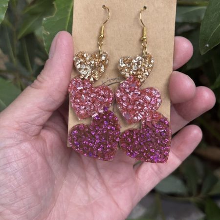 Three hearts resin earrings with broken glass