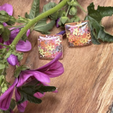 Square stud resin earrings with colorful stars