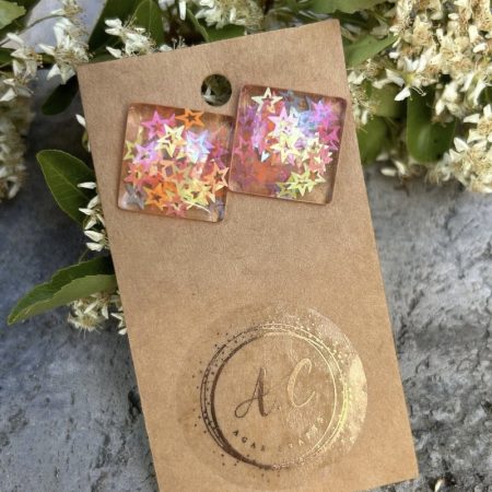 Square stud resin earrings with colorful stars