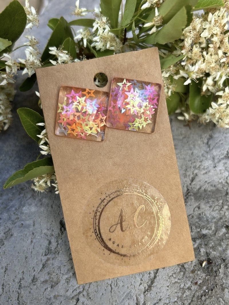 Square stud resin earrings with colorful stars