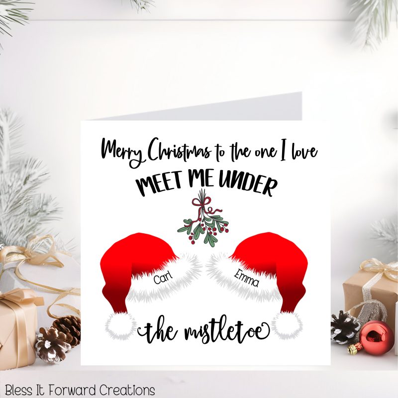 Meet me under the mistletoe, Couples Christmas card, Personalised Cards