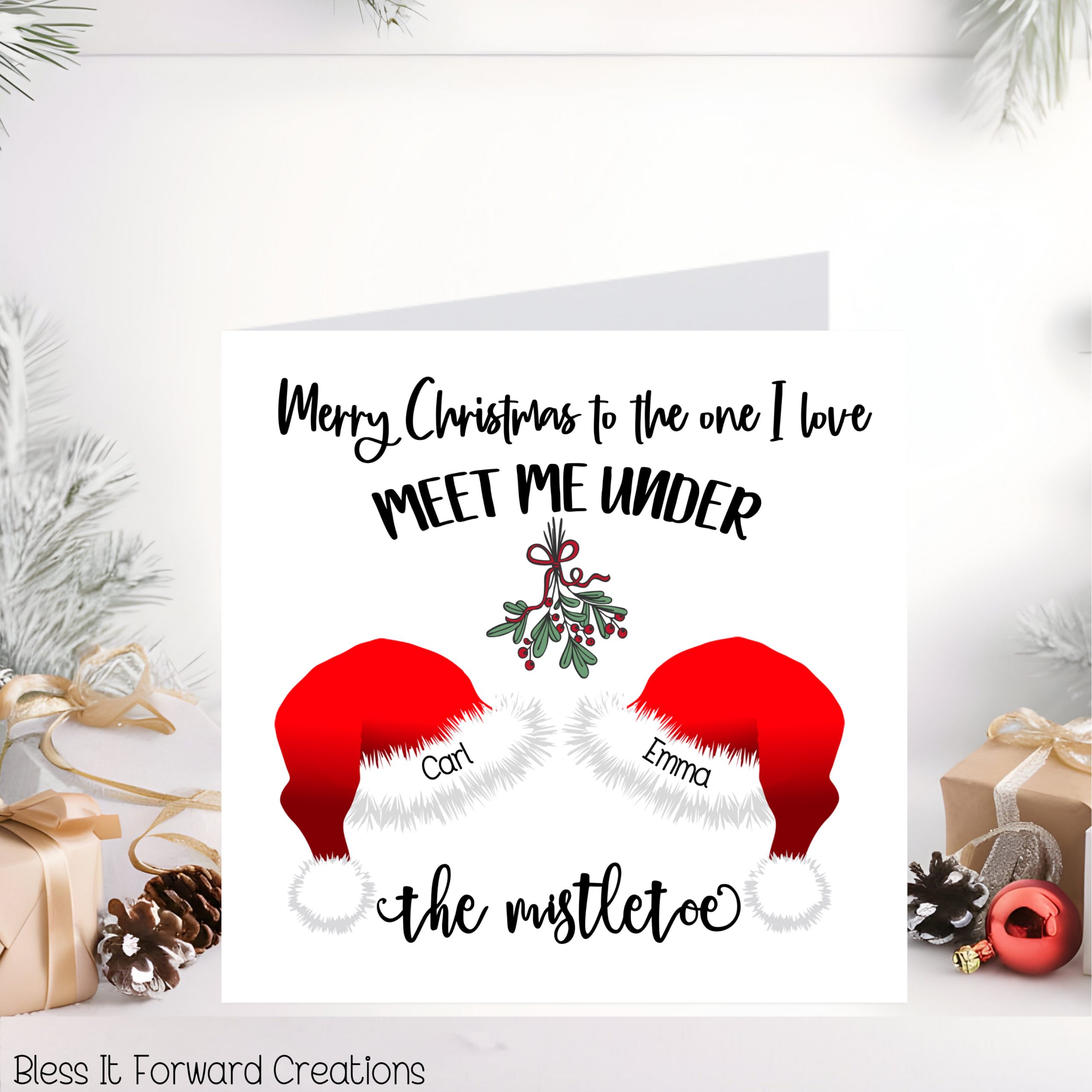 Meet me under the mistletoe, Couples Christmas card, Personalised Cards