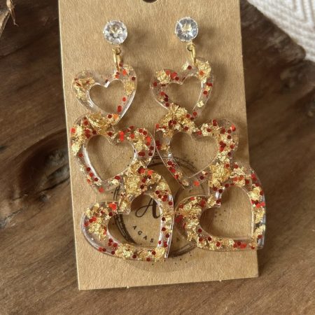 Three hearts stud earrings with gold