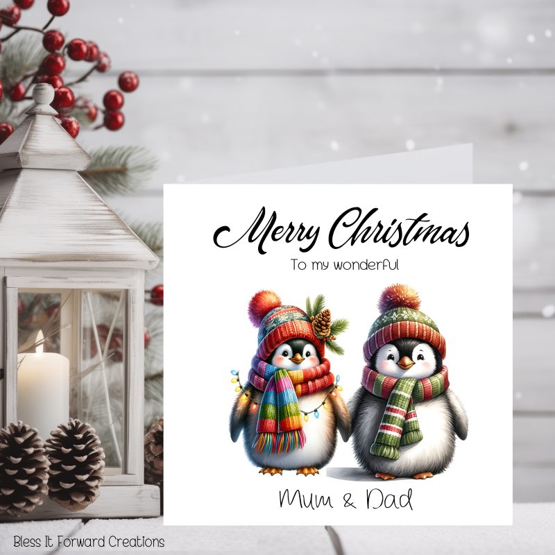 Personalised Penguins Couple Christmas Card