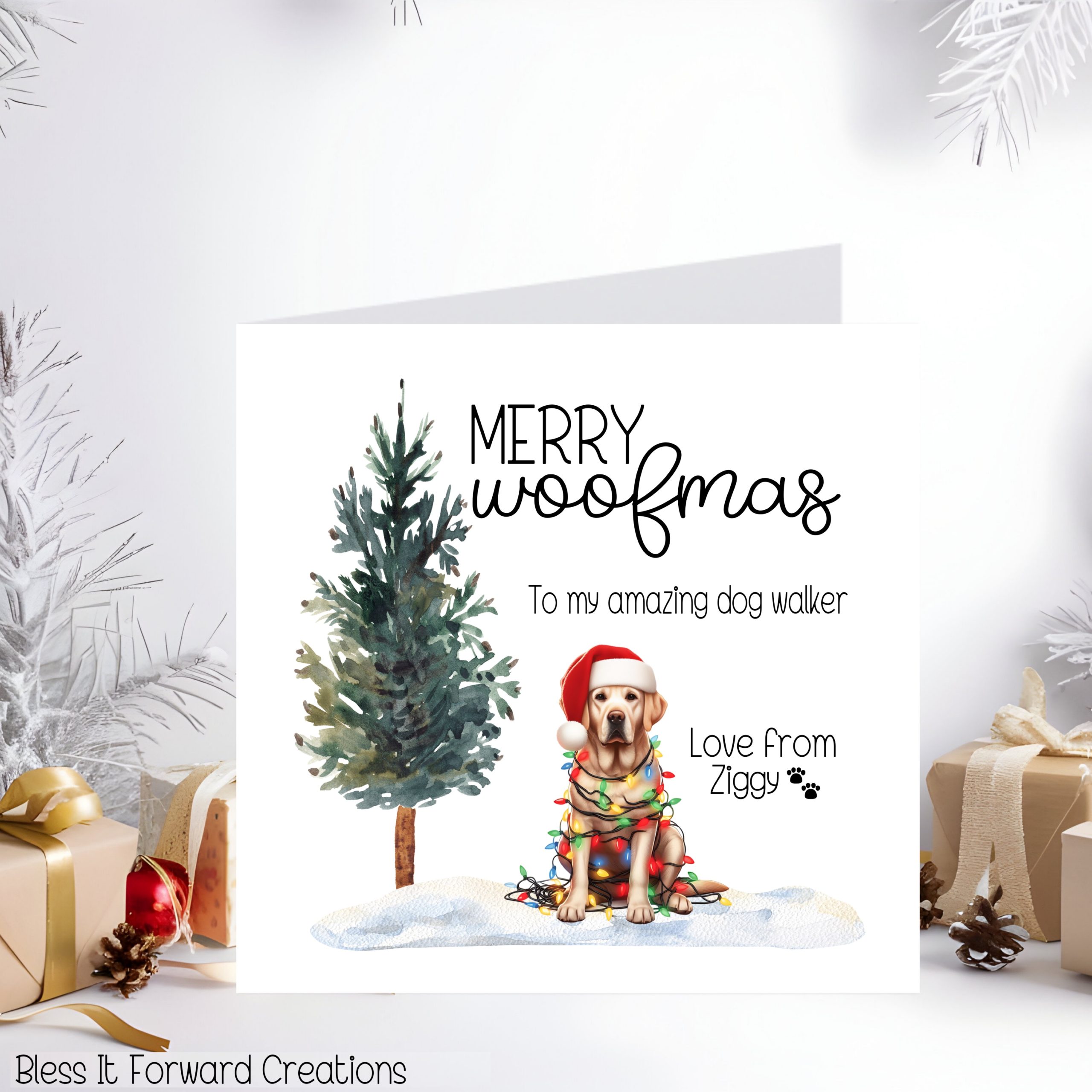 Personalised 'Merry Woofmas' Christmas Card For Dog Walker/Pet Sitter