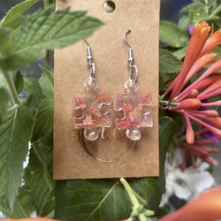 Puzzle resin earrings with dry flowers and sequins