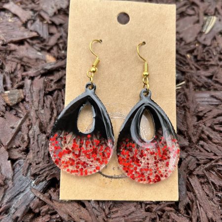 Large teardrop resin earrings with red sparkles
