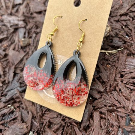 Large teardrop resin earrings with red sparkles